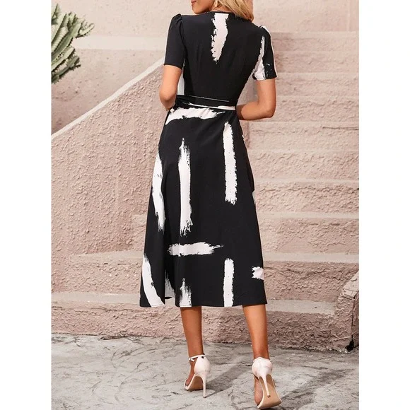 minimalist Brush Print Knot Side Wrap midi Dress black white - Picture 4 of 12